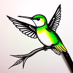 a small green bird perched on a branch,a drawing of a bird with wings spread on a branch