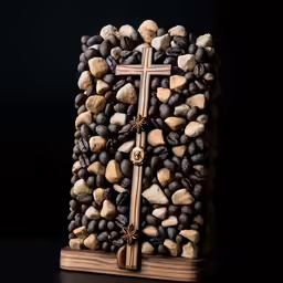 a cross made of rocks on a black background