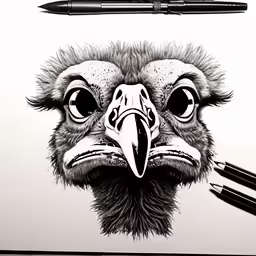 a drawing of an ostrich with a pen in his hand