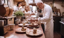 a man is making pastries with people in the kitchen