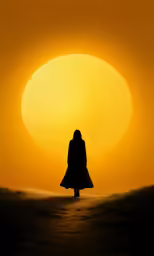 a person standing with a frizzbee walking in front of a large sun