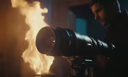 the man is holding his camera by the fire