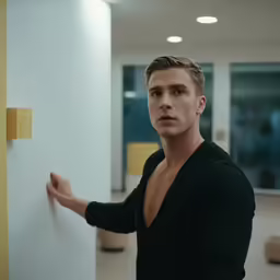 a man is pointing at an object on the wall