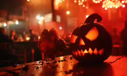 a carved pumpkin with glowing eyes on a table at a party
