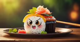 a sushi with a smile sits on a plate