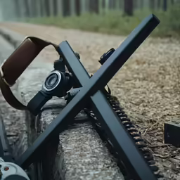 a camera lies on a bench outside of the woods