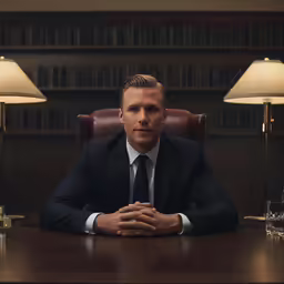 a man in a suit and tie sitting at a table with a glass of water