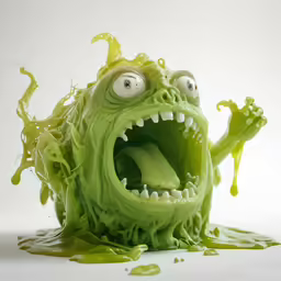 a green sponge with eyes, mouth and teeth