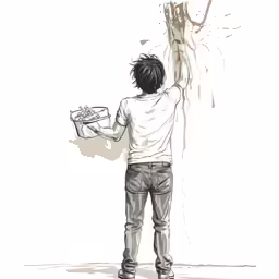 a man holding a piece of fruit near a wall