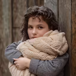 a woman wearing a shawl leaning against a wooden fence