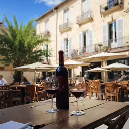 a table with two glasses and a bottle on top