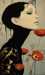 the woman in black and gold is staring at the red flowers
