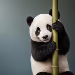 a panda bear leaning on the bamboo post