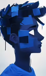 the face of a male in the image has several pieces cut out of it