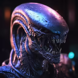 the head of an alien creature is illuminated in purple and blue light