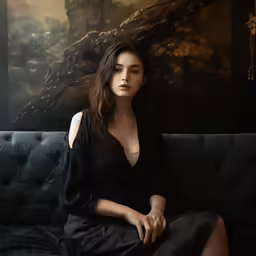 the woman is posing on a couch with her legs apart