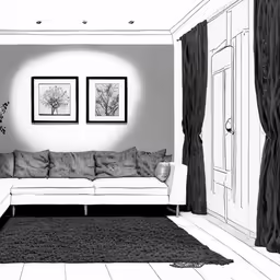 a sketch of a couch next to some pictures