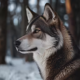 a grey wolf looks up at the sky in a snowy forest