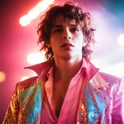 young person in brightly colored clothing with lights