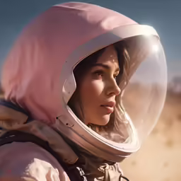 the woman wearing a space suit in the desert