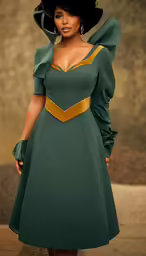 a lady in a green dress and hat posing for a picture
