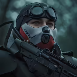 a woman dressed in ski gear holding a rifle