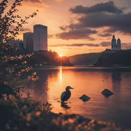 a duck stands on the edge of a river at sunset
