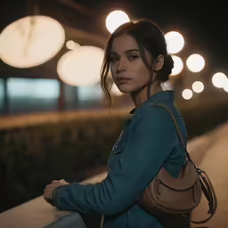 a woman in jeans is looking off into the distance