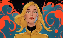 a woman with blond hair and yellow shirt looking to her right