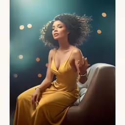woman in a gold dress sitting in chair with her hands on her hips