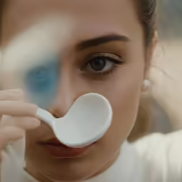 a close up of a woman with her nose through a tooth brush