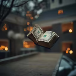 one hundred dollar bills are floating in the air over a book in front of an apartment building