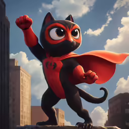 the cat is in a red and black costume