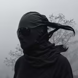 a black jacket with a hood on and a black wig