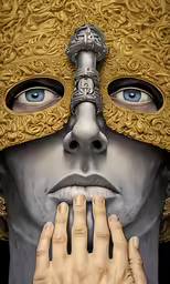a drawing with two hands near one side of the face and a hand and another hand with an object