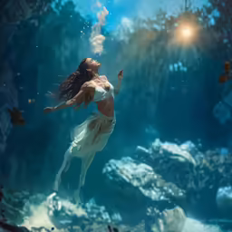 a woman is diving in the water with bubbles