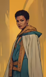 a young black woman wearing a robe and scarf