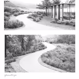 two pictures one of a curved road and the other of a house