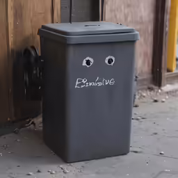 the garbage can is outside and has drawn eyes