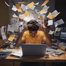 a man is sitting at his work station with several bills and papers flying around