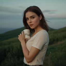 a woman in white shirt holding a cup of coffee