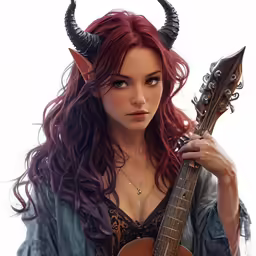 a girl with red hair and horned horns is holding a guitar