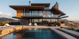 the beautiful pool has a large patio near it