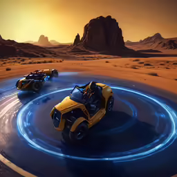 three cars on a road surrounded by a desert