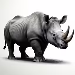 black and white rhino on a plain looking at the camera