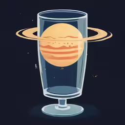 the glass is sitting on the table with saturn above it