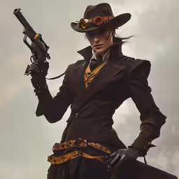 a person in a hat holding a gun and posing for a photo