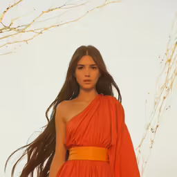 a beautiful woman in an orange dress holding a yellow bag
