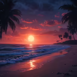 there is a tropical sunset on the beach