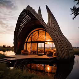 a building made out of sticks near the water